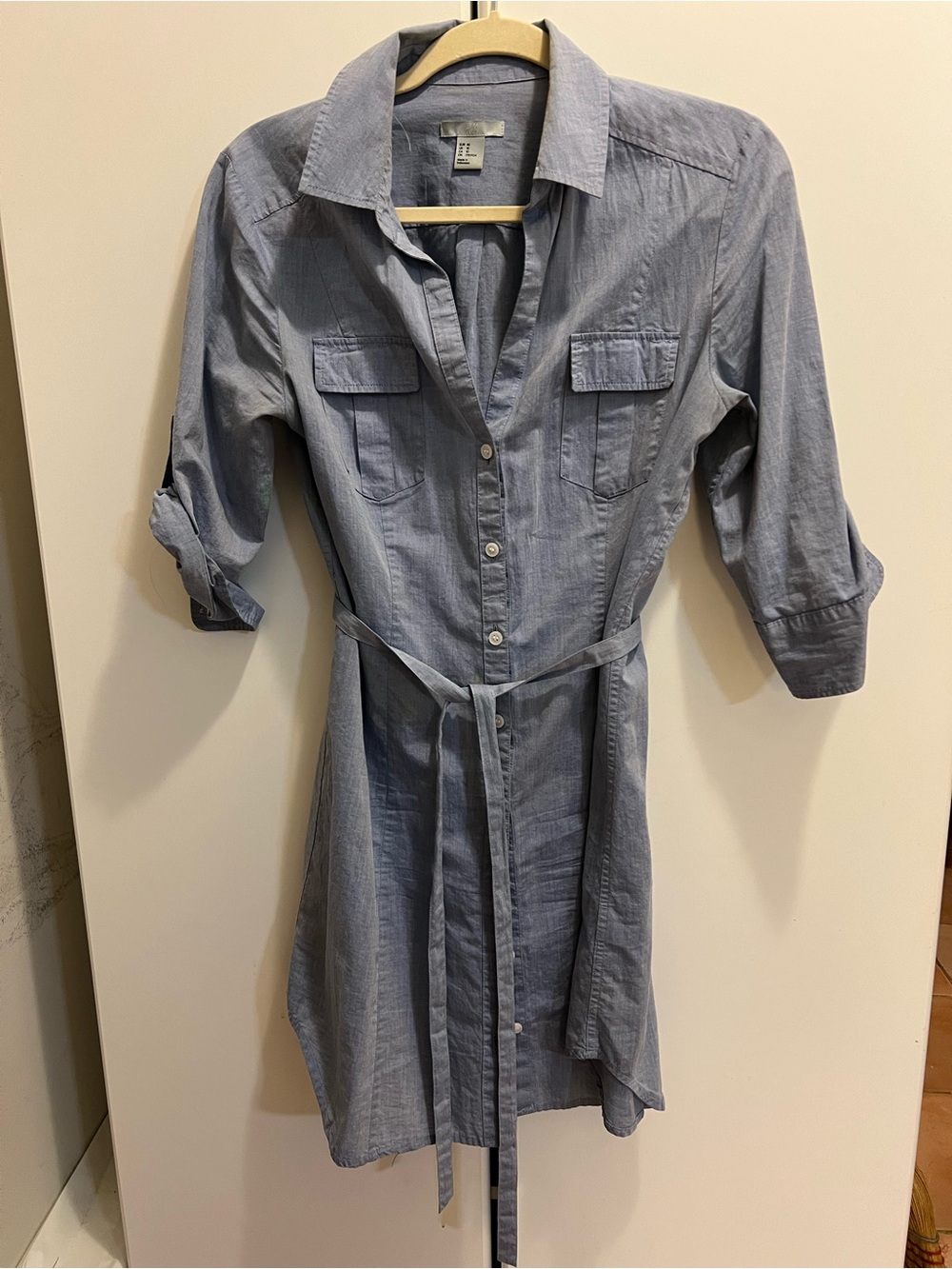 Chambray Shirt Midi Dress with Tie Belt - Light Blue